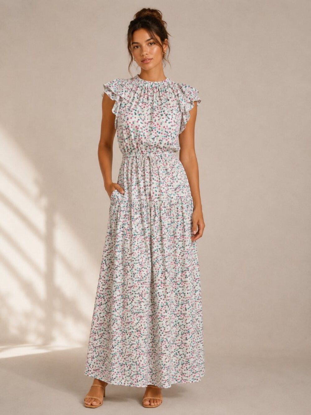 Dovima Silk Ruffle Sleeve Tie Waist Maxi Dress Size Medium